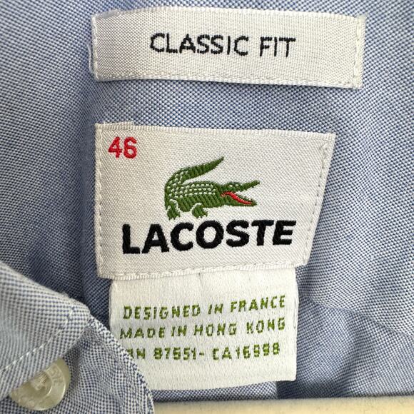 Lacoste Mens Short Sleeve Button Shirt Size 46/18/XL 100% Cotton Light Blue - Picture 2 of 9